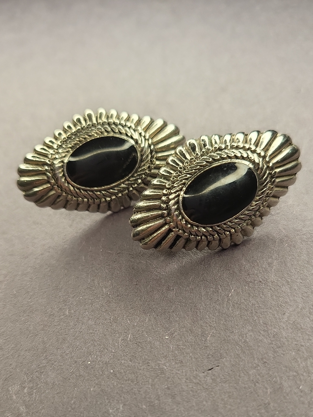Silver-Tone Oval Black Stone Statement Earrings